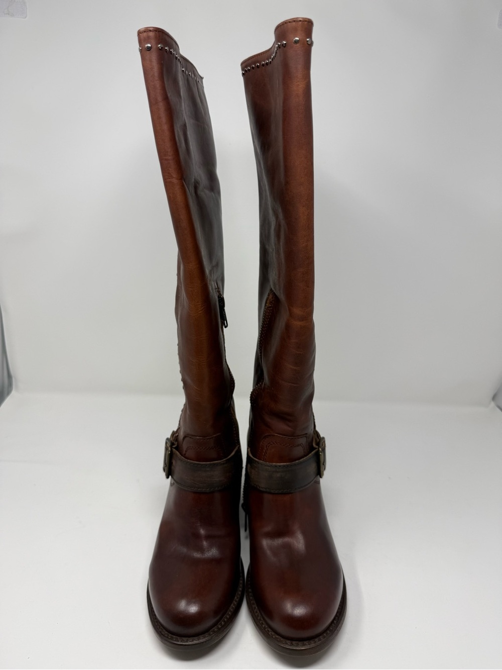Born Brown Leather Tall Riding Boots with Studded Zip - Picture 5 of 8
